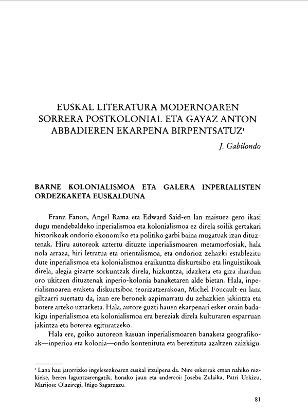 Euskal literatura modernoaren sorrera postkolonial eta gayaz Anton Abbadiaren ekarpena birpentsatuz - 2020ko martxoko proposamenak