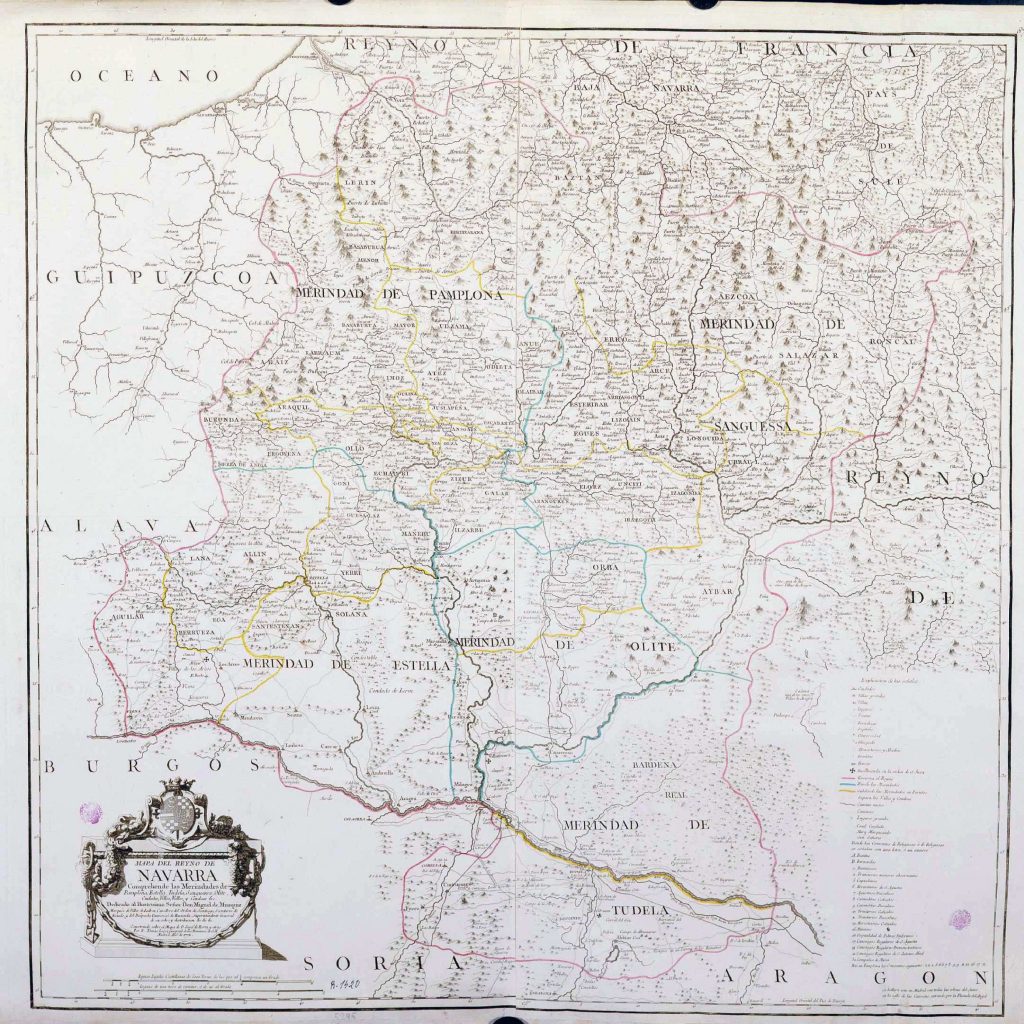 Mapa del Reyno de Navarra Comprehende las Merindades de Pamplona Estella Tudela Sanguessa Olite Ciudades Villas Valles y Cendeas c. 1024x1024 - 2020ko martxoko proposamenak