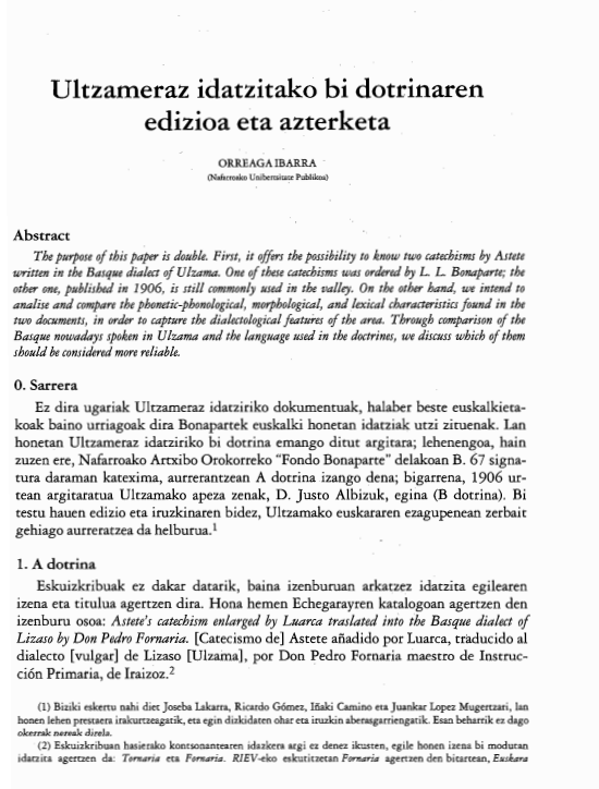 Ultzameraz idatzitako bi dotrinaren edizioa eta azterketa - 2020ko martxoko proposamenak